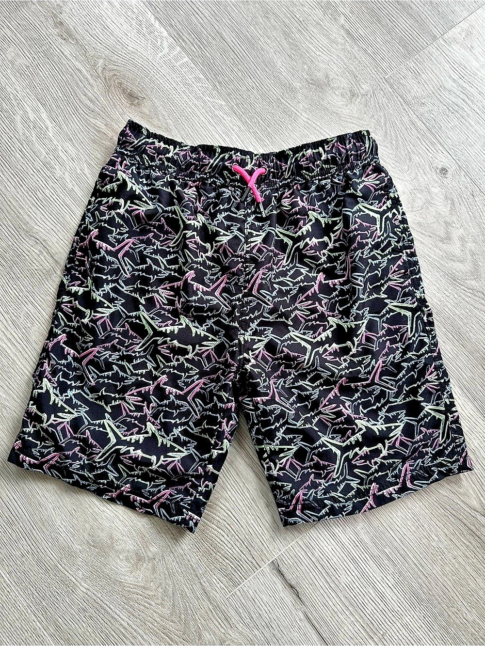 Hang Ten Boys Neon Shark Swim Trunks XL 18 Black Pink Drawstring Neon